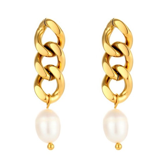 Fresh Water Pearl Gold Chain Drop‎ Earrings 18K Gold Plated Stainless Steel - Picture 1 of 13